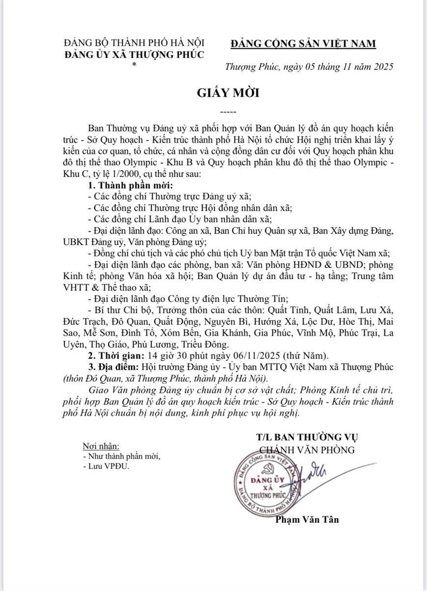 Hội nghị lấy ý kiến quy hoạch Vinhomes Olympic – Khu B & Khu C tại xã Thượng Phúc (06/11/2025)