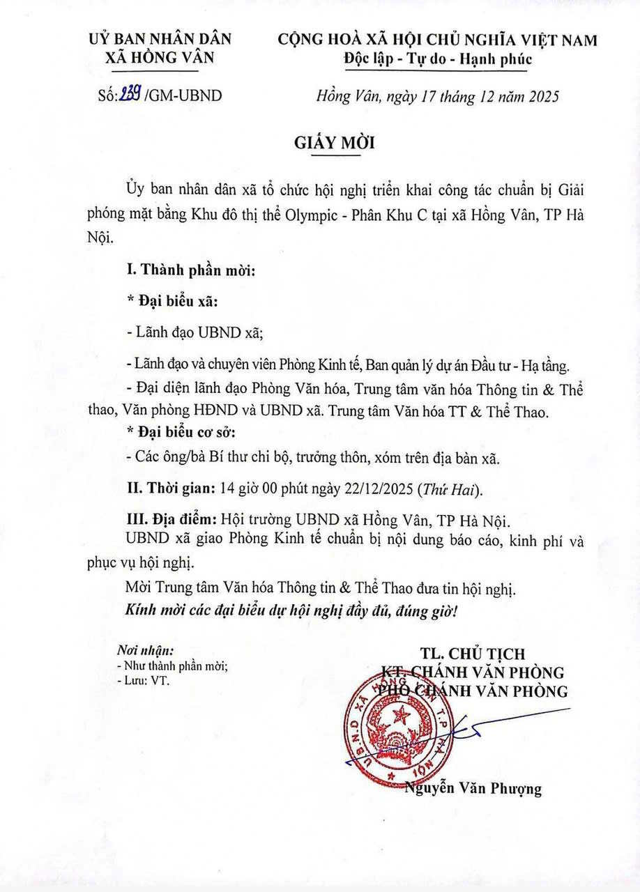 Giấy mời họp GPMB Phân khu C (22/12/2025): Tín hiệu tiến độ mới của Khu đô thị thể thao Olympic