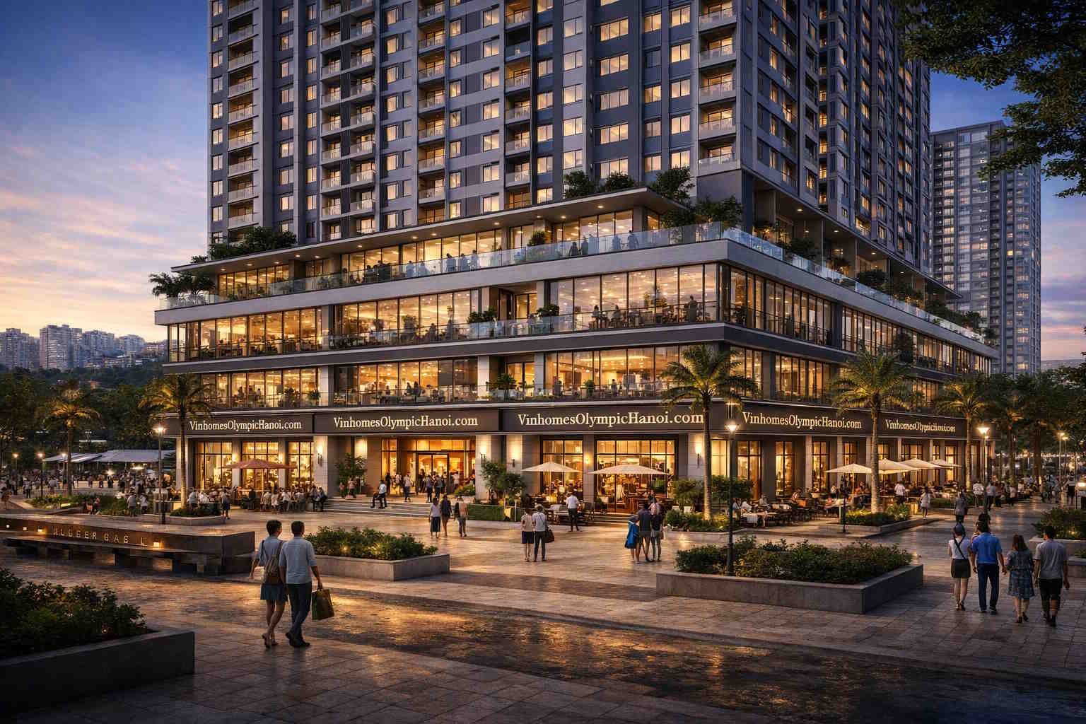 Shophouse khối đế Vinhomes Olympic Ngọc Hồi bố trí dưới chân tòa chung cư, mặt tiền kính lớn, bám sảnh cư dân