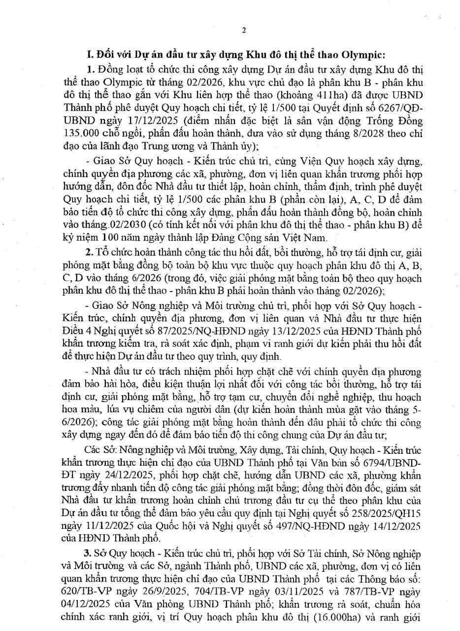 Thông báo 14/TB-VP ngày 08/01/2026 của UBND TP Hà Nội về tiến độ Khu đô thị thể thao Olympic (9.171 ha) và Trục Đại lộ cảnh quan sông Hồng