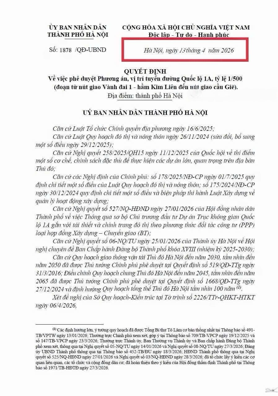 Quyết định 1878 QD UBND ngày 13 tháng 4 năm 2026 về phê duyệt phương án vị trí tuyến Quốc lộ 1A tỷ lệ 1 trên 500