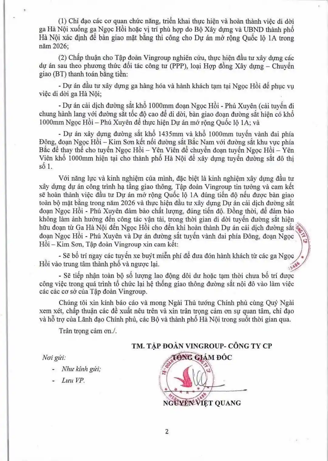 Công văn đề nghị Di dời Ga Hà Nội về Ngọc Hồi - Trang 2